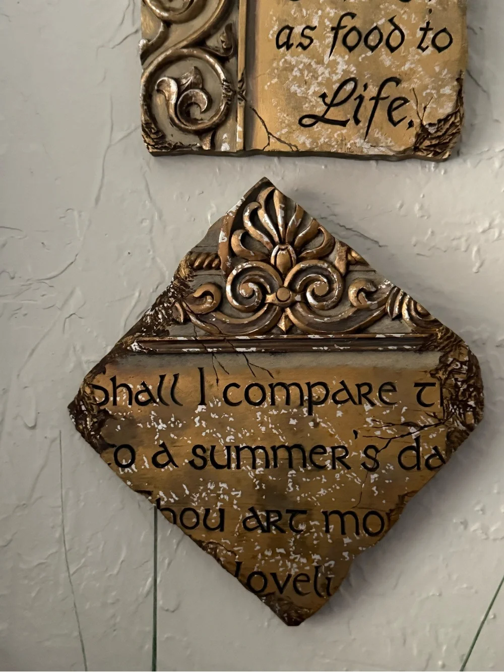 Shakespeare Quote gilded faux-stone architectural Wall Plaques Set of 3